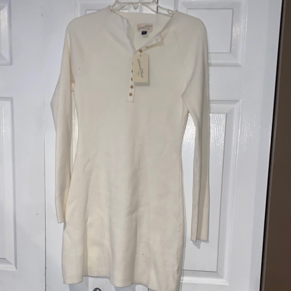 Universal Thread Cream Long-Sleeve Henley Knit Dress